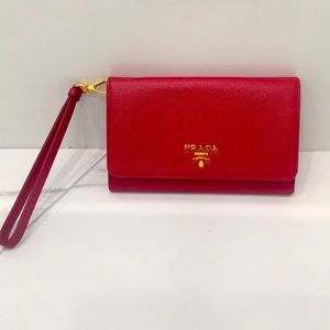 Prada saffiano red wristlet clutch